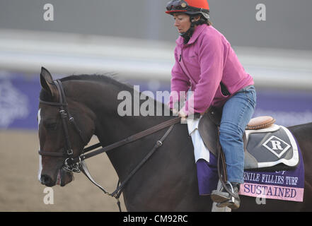 Ottobre 31, 2012 - Arcadia, California, Stati Uniti - Sostenuta, addestrati da Dale romani, esercizi in preparazione per la prossima Breeders Cup a Santa Anita Park, il 31 ottobre 2012. (Credito Immagine: © Scott Serio/eclipse/ZUMAPRESS.com) Foto Stock