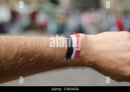 Bandiera egiziana dipinta su un lato durante la celebrazione di elezioni presidenziali in risultati del Cairo Piazza Tahrir in Egitto di Domenica, 01 luglio 2012. Foto Stock