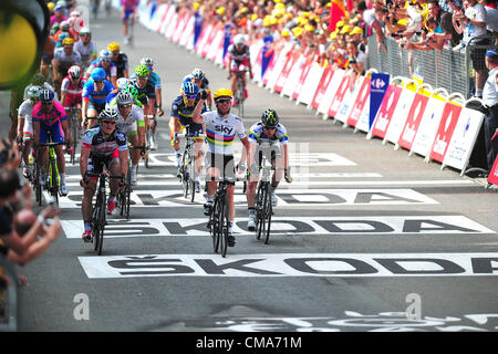 2012, il Tour de France, tappa 02 morsa - Tournai, Team Sky 2012, Lotto - Belisol 2012, Orica - Greenedge 2012, Mark Cavendish (vincitore), Greipel Andre, Goss Matthew Harley, Tournai Foto Stock