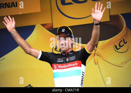 2012, il Tour de France, tappa 02 morsa - Tournai, Radioshack - Nissan 2012, CANCELLARA Fabian, Tournai sul podio Foto Stock