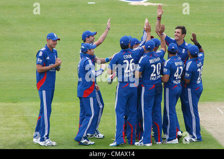 Regno Unito. 07/07/2012 Chester le street, Inghilterra. In Inghilterra i giocatori di celebrare il primo wicket durante la quarta internazionale di un giorno tra Inghilterra e Australia e ha suonato presso l'Emirates Cricket Ground: Credito: Mitchell Gunn Foto Stock