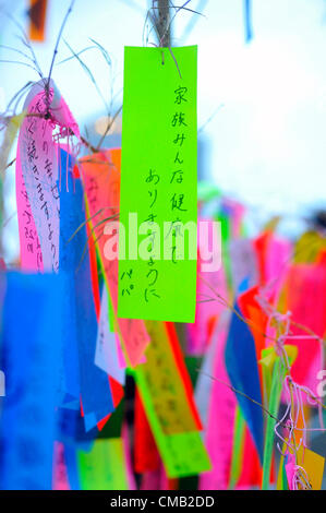Luglio 7th, 2012 : Tokyo, Giappone - un desiderio di salute di una famiglia era appeso su un bambù come una consuetudine di Tanabata Festival, una tradizionale festa il 7 luglio di ogni anno, a Zojoji, o Tempio Zojo Tempio, a Shibakouen, Minato a Tokyo, in Giappone il 7 luglio 2012. Anche se il festival è stato supposto per celebrare le stelle, pioveva e nuvoloso di quest'anno. (Foto da Koichiro Suzuki/AFLO) Foto Stock