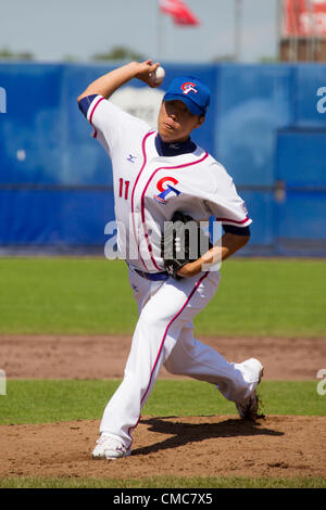 HAARLEM, PAESI BASSI, 15/07/2012. Brocca Jung Hao Hsieh del team di Taipei cinese a Haarlem Baseball Week 2012. Foto Stock