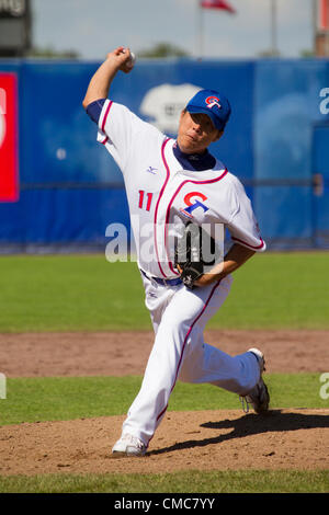 HAARLEM, PAESI BASSI, 15/07/2012. Brocca Jung Hao Hsieh del team di Taipei cinese a Haarlem Baseball Week 2012. Foto Stock