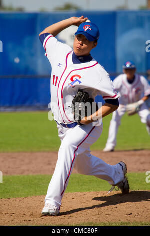 HAARLEM, PAESI BASSI, 15/07/2012. Brocca Jung Hao Hsieh del team di Taipei cinese a Haarlem Baseball Week 2012. Foto Stock