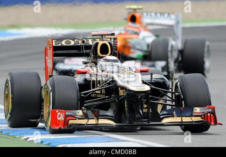 21.07.2012. Hoceknheim, Germania. Il finlandese pilota di Formula Uno Kimi Raikkonen Lotus di manzi la sua vettura durante la sessione di qualifica presso l'Hockenheimring race track di Hockenheim, in Germania, il 21 luglio 2012. Schumacher inizia dalla terza posizione nel Gran Premio di Formula Uno della Germania il 22 luglio 2012. Foto Stock