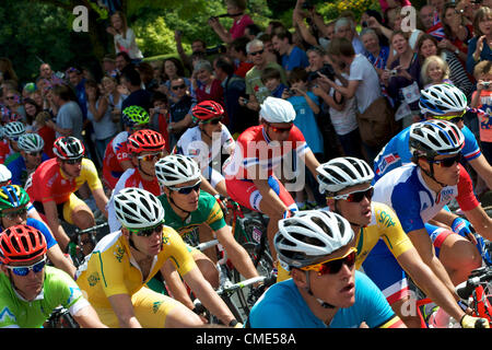 Il Peloton passa una folla entusiasta a Londra nel 2012 Olympic uomini cycle race Sabato 28 Luglio come passò il piede di Boxhill, Dorking in Surrey Foto Stock