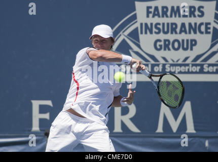 Luglio 28, 2012 - Los Angeles, California, Stati Uniti d'America - qualificatore lituani Ricardas Berankis sconfitto sesto-seeded Marinko Matosevic di Australia, 7-5, 6-1, in semifinale degli agricoltori il classico torneo di tennis presso la UCLA Tennis Center di Los Angeles, California. Sabato, 28 luglio 2012. Nella foto è Ricardas Berankis. (Credito Immagine: © Javier Rojas/Prensa Internacional/ZUMAPRESS.com) Foto Stock