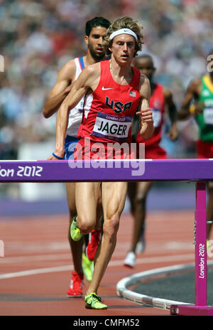 EVAN JAGER DELL USA COMPETE NELLA MENS 3000m Siepi presso il London 2012 Giochi Olimpici. STRATFORD, LONDRA, REGNO UNITO. 03 agosto 2012. Foto Stock