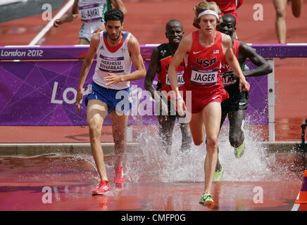 03.08.2012. Londra Inghilterra. Mahiedine Mekhissi-Benabbad (L) della Francia e Evan Jager dell'USA competere durante la 3000m Siepi Round 1 durante il London 2012 Giochi Olimpici atletica, Via ed eventi sul campo presso lo Stadio Olimpico, Londra, Gran Bretagna, 03 agosto 2012. Foto Stock