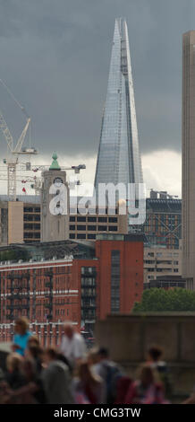 Linea di spettatori il London 2012 Womens Percorso Maratona sul terrapieno in centro a Londra sotto cieli grigi prima della partenza della gara. La Shard sovrasta la OXO edificio sulla banca del sud in background Foto Stock