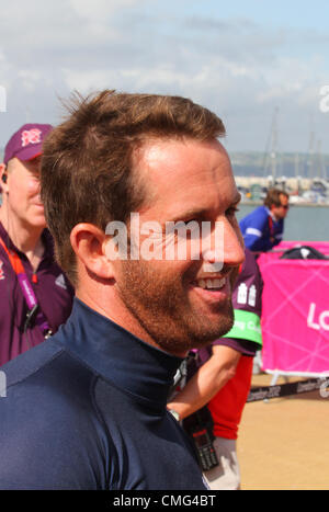 05.08.2012. Weymouth, Inghilterra. Giochi olimpici di vela a Weymouth Dorset, Agosto 2012. Tripla medaglia d'oro olimpica Ben Ainslie vince l'oro nella classe Finn. Foto Stock