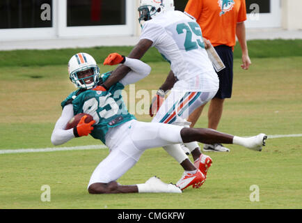 2 agosto 2012 - Davie, FL - Florida, Stati Uniti d'America - Stati Uniti - Fl-miami-delfini-0804J -Chad Johnson (85) è deposto da Jonathan Wade (25) dopo che egli si ritiene che le catture di un passaggio durante la trapani a delfini Camp su Venerdì, 3 agosto 2012. Sarah Dussault, Sun Sentinel (credito Immagine: © Sun-Sentinel/ZUMAPRESS.com) Foto Stock