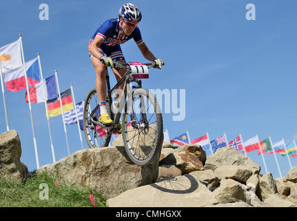 11 ago 2012. 11.08.2012. Hadleigh boschi, Essex, Inghilterra. La Georgia Gould del USA compete durante le donne del cross-country finale del ciclismo in mountain bike evento in Hadleigh Farm at the London 2012 Giochi Olimpici di Londra, Gran Bretagna, 11 agosto 2012. Credit: Azione Plus immagini di Sport / Alamy Live News Foto Stock