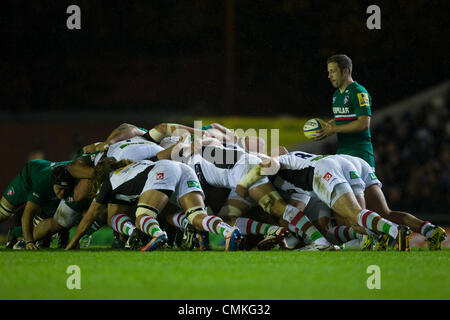 Leicester, Regno Unito. Il 2 novembre 2013. David mele attende di mettere la palla in un scrum. Azione dalla Aviva Premiership match tra Leicester Tigers e Arlecchini ha giocato a Welford Road, Leicester sabato 2 novembre 2013. Credito: Graham Wilson / Immagini di pipeline/ Alamy Live News Foto Stock