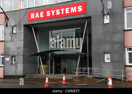 BAE Systems, South Street, Scotstoun, Glasgow, Scozia, Regno Unito, mercoledì 6 novembre 2013. Ingresso agli uffici BAE Systems Shipyard il giorno in cui sono stati annunciati i tagli di lavoro. Foto Stock