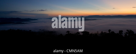 La nebbia e basse nubi che pende sulla pianura della foresta pluviale Dipterocarp prese momenti prima del sorgere del sole. Danum Valley, Sabah Borneo Foto Stock