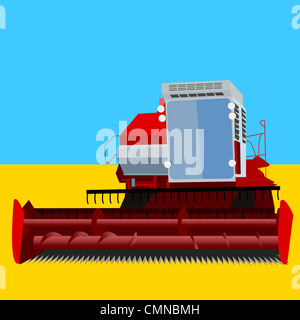 Mietitrebbia su un campo di grano con un cielo blu Foto Stock