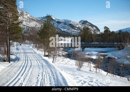 Cross-country le vie seguenti Otra fiume in Hovden, una stazione sciistica nel sud della Norvegia Foto Stock