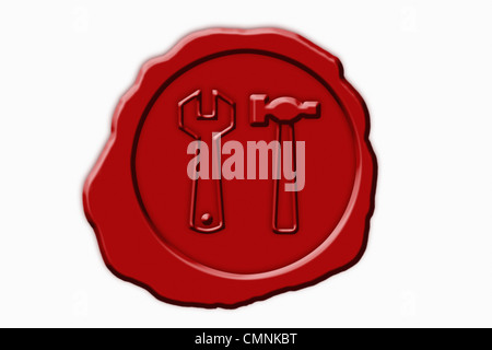 Dettaglio foto di un sigillo rosso con i simboli per gli strumenti lo slittino e chiave nel mezzo, sfondo bianco. Foto Stock