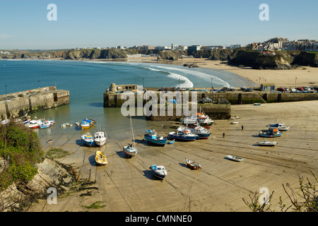 Newquay Harbour barche sulla spiaggia con la bassa marea, Cornwall Regno Unito. Foto Stock