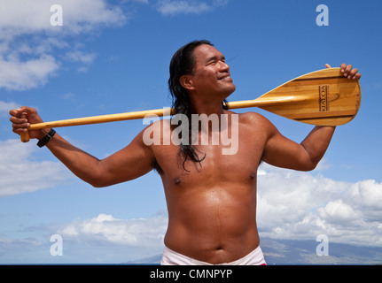 Canoa Outrigger tour guide at Wailea Beach a Maui Foto Stock