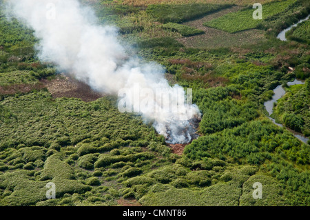Fire utilizzato a terra chiara per la piccola agricoltura, vista aerea, regione di Kilimanjaro, Tanzania Foto Stock