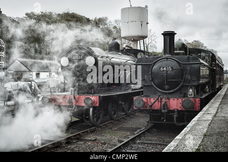 30120 e 6435 fianco a fianco nella stazione Wenford in Bodmin & Wenford Railway in Cornovaglia, Inghilterra. Foto Stock