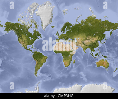 Mappa del mondo, Rilievo ombreggiato. Foto Stock