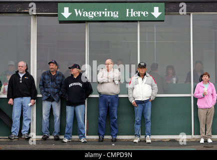 Spettatori attendere l'inizio di una corsa di cavalli in Suffolk Downs Race Track di Boston, Massachusetts Foto Stock