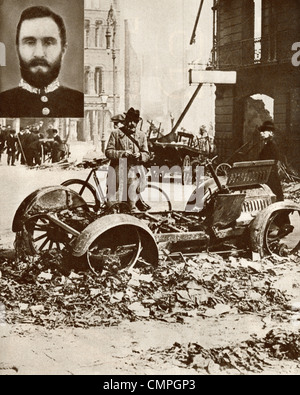 La Ribellione irlandese del 1916 che mostra il relitto di barriere e bruciato auto in Dublino. Inset Sir Roger Casement Foto Stock