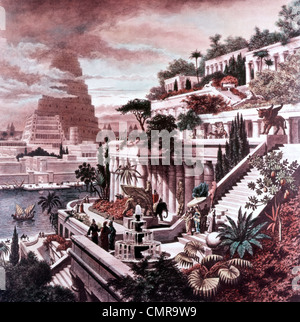 Illustrazione sette meraviglie del mondo antico 600 BC giardini pensili di Babilonia e la torre di Babele DA MARTIN HEEMSKERCK Foto Stock