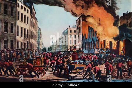1800s la vita di un vigile del fuoco le rovine - PRENDERE - UOMO LA CORDA CURRIER & IVES Stampa - 1854 Foto Stock