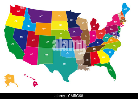 Multicolor confinanti con mappa geografica degli Stati Uniti con linee confinanti e Two-Letter abbreviazioni di ogni Stato degli USA. Foto Stock