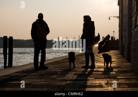 Cane proprietario a piedi prendendo due cani per una passeggiata a Venezia, Italia Foto Stock