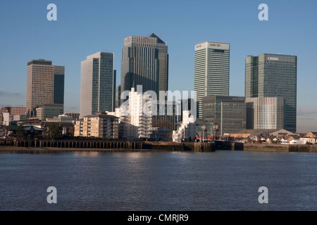 Canary Wharf skyline dal villaggio di Greenwich, Londra Foto Stock