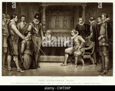 La trama di polvere da sparo, Guy Fawkes interrogato da James I e il suo consiglio in re Camera letto Whitehall Foto Stock