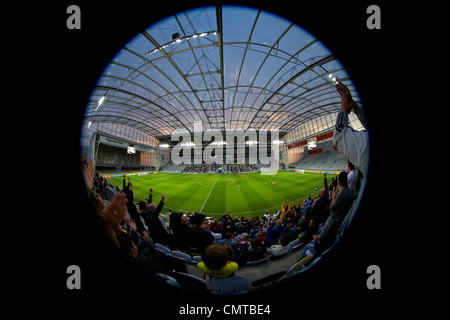 Gioco del calcio, Forsyth Barr Stadium, Dunedin, South Island, in Nuova Zelanda - fisheye Foto Stock