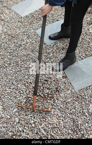 Elevato angolo di visione della donna a rastrellare ghiaia Foto Stock