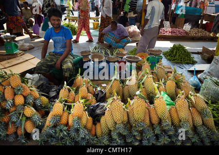 Sri Lanka - Colombo, ananassi venditore a vendere i frutti presso la città di mercato Foto Stock