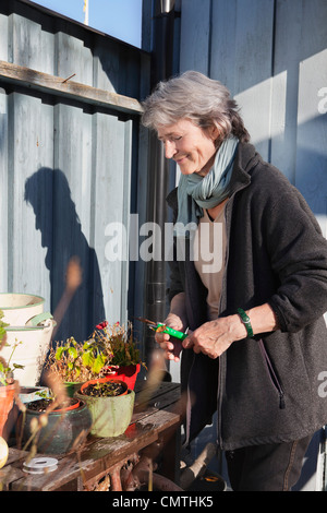 Senior donna prendendo cura delle piante Foto Stock