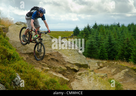 Mountain biker sulla "Rosso" trail a Gisburn Forest, Lancashire Foto Stock