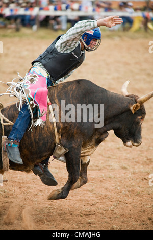 Bull rider in azione a Mt Garnet Rodeo. Mt Granato, Queensland, Australia Foto Stock