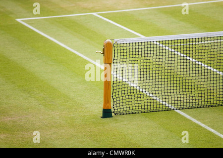 Dettaglio di un tennis net e post su una corte di erba Foto Stock