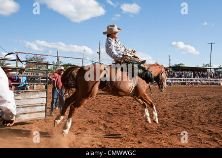 Sella pilota bronc in azione a Mt Garnet Rodeo. Mt Granato, Queensland, Australia Foto Stock