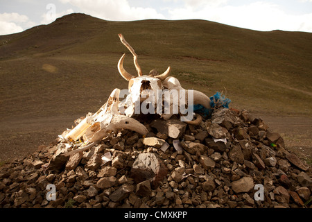 Ovoo (sacra piccolo tumulo di pietra) in Yolin Am (Yol valley) , la Mongolia Foto Stock