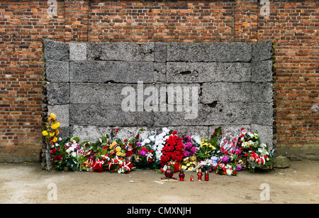 La parete di esecuzione al di fuori del blocco di morte 11 al campo di concentramento di Auschwitz, Polonia Foto Stock