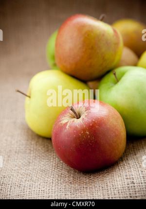 Le mele su un sacco di Hesse nella luce naturale. Selezione di frutta tra cui Cox, Braeburn, Granny Smith, Golden Delicious, Jazz. Foto Stock