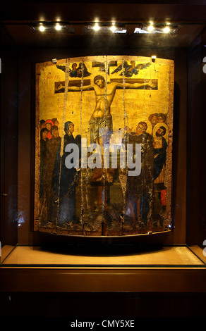 I rari e preziosi icona della Crocifissione nella chiesa di Christos Elkomenos, Monemvasia, Laconia, Peloponneso, Grecia Foto Stock