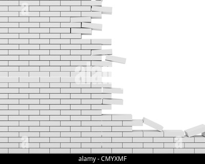 Rotto un muro di mattoni isolati su sfondo bianco Foto Stock